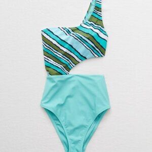 Aerie Women's Cutout One Shoulder One Piece Swimsuit, Blue Stripes, size S NWT